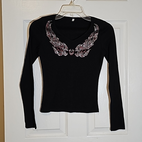 Tops - Grunge y2k Black V-neck Long Sleeve Ribbed Rhinestone Top Size L